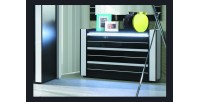 Ensemble design pour chambre à coucher LINA noir. Lit coffre 180x200 + 2 chevets avec LED + commode avec LED