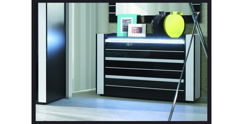 Ensemble design pour chambre à coucher LINA noir. Lit coffre 180x200 + 2 chevets avec LED + commode avec LED