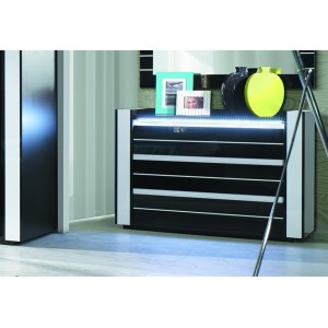 Ensemble design pour chambre à coucher LINA noir. Lit coffre 180x200 + 2 chevets avec LED + commode avec LED