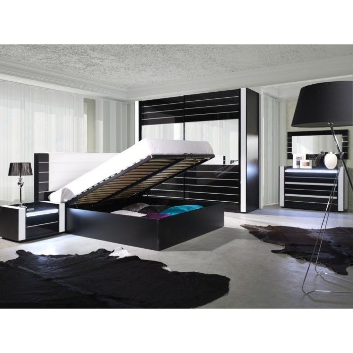 Ensemble design pour chambre à coucher LINA noir. Lit coffre 180x200 + 2 chevets avec LED + commode avec LED