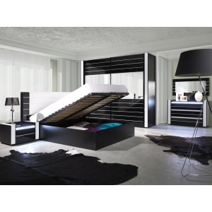 Ensemble design pour chambre à coucher LINA noir. Lit coffre 180x200 + 2 chevets avec LED + commode avec LED