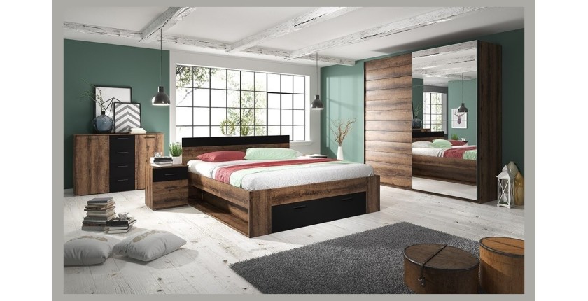 Ensemble Lit 160x200 plus Chevets collection EOS. Couleur chêne foncé et noir.
