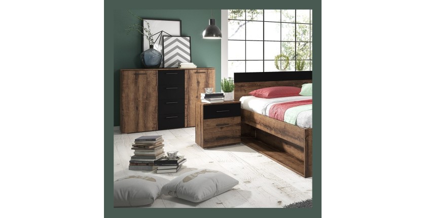 Ensemble Lit 160x200 plus Chevets collection EOS. Couleur chêne foncé et noir.