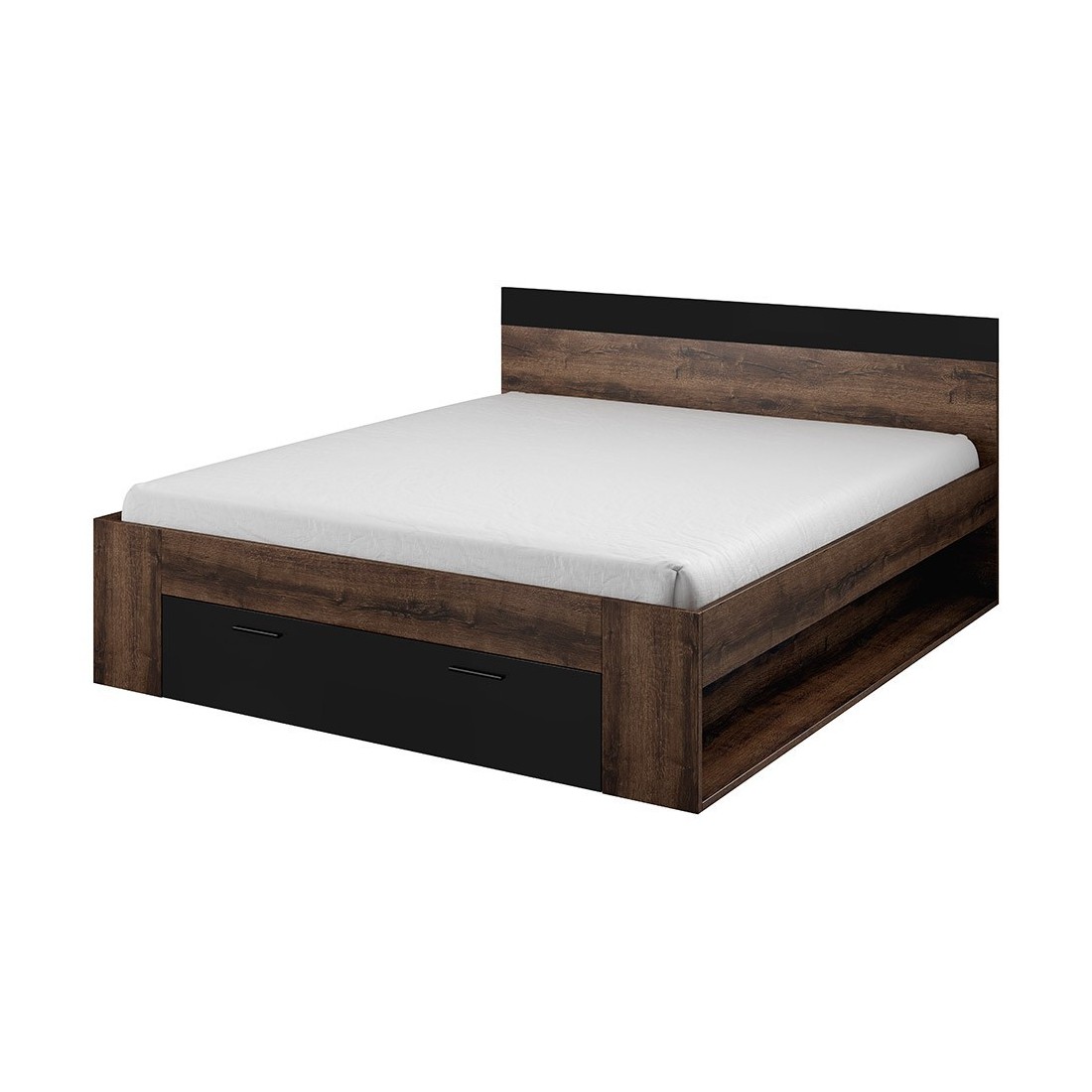 Ensemble Lit 160x200 plus Chevets collection EOS. Couleur chêne foncé et noir.