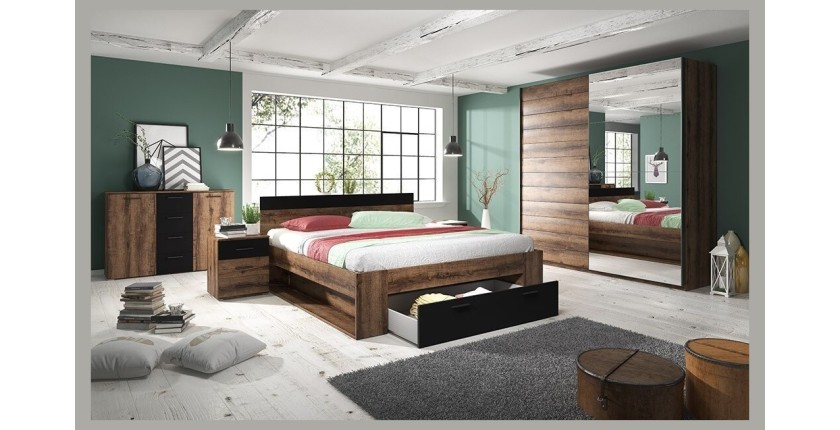 Ensemble Lit 160x200 plus Chevets collection EOS. Couleur chêne foncé et noir.