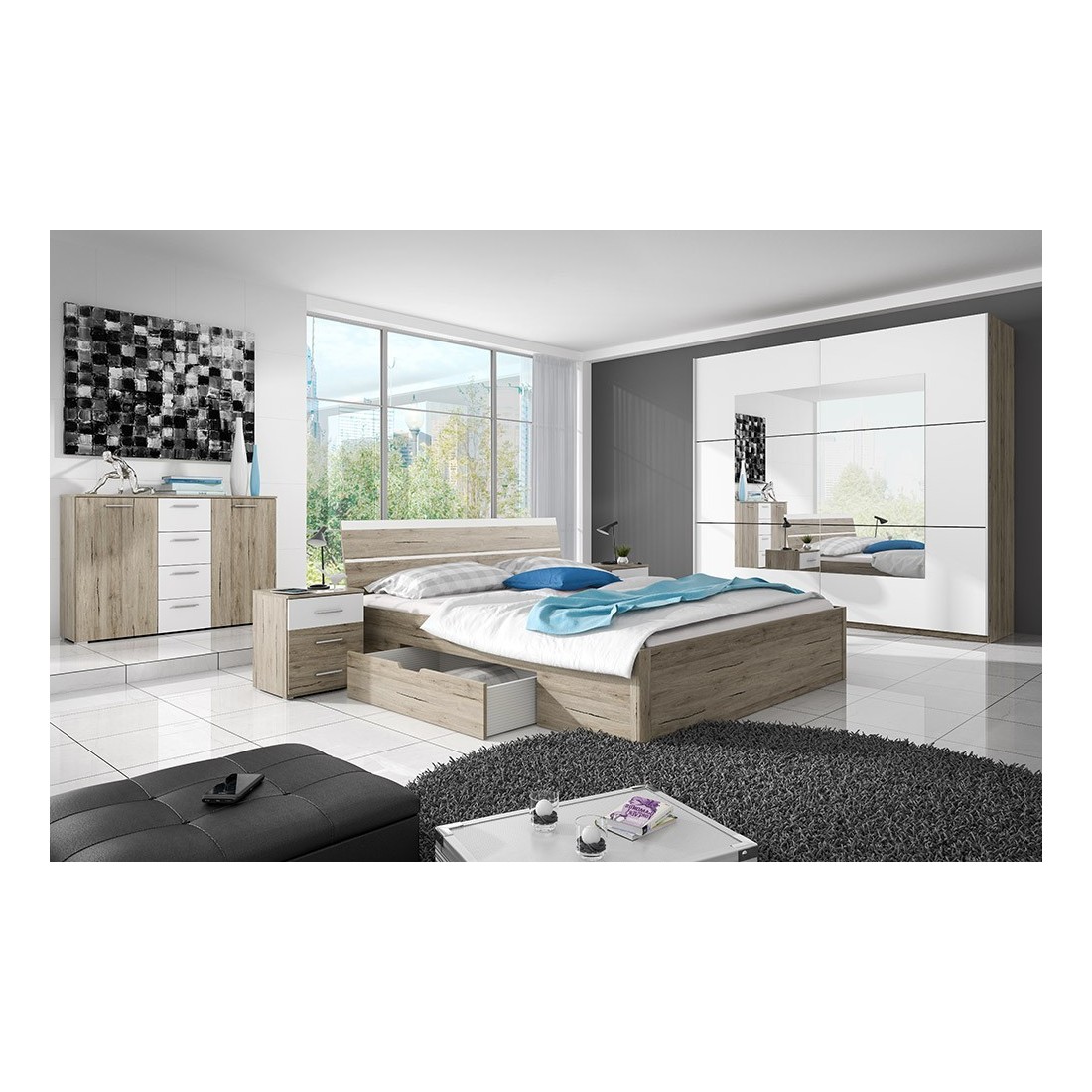 Ensemble Lit 160x200 et Chevets collection EOS. Couleur chêne clair et blanc.
