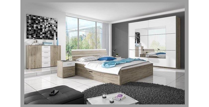 Ensemble Lit 160x200 et Chevets collection EOS. Couleur chêne clair et blanc.
