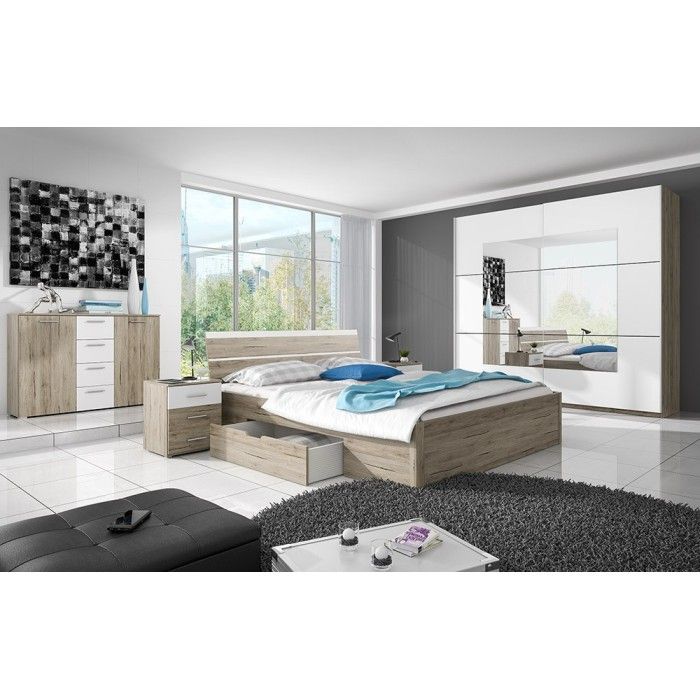 Ensemble Lit 180x200 et Chevets collection EOS. Couleur chêne clair et blanc.