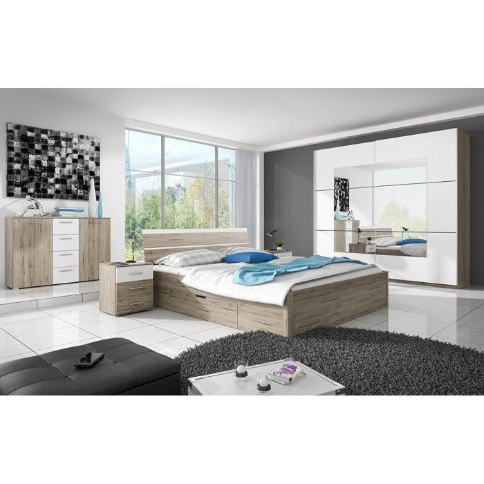 Ensemble Lit 180x200 et Chevets collection EOS. Couleur chêne clair et blanc.