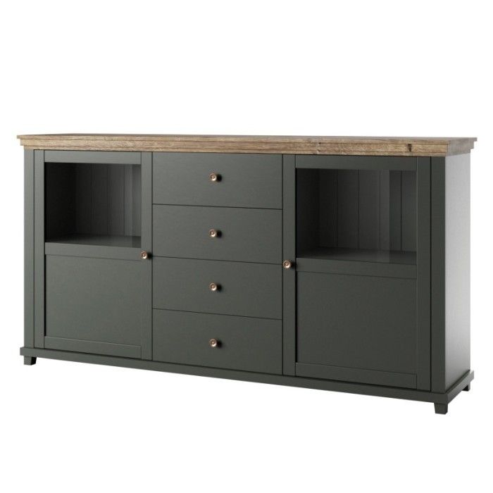 Ensemble de 4 meubles pour salle à manger coloris vert et chêne. Collection ASSIA