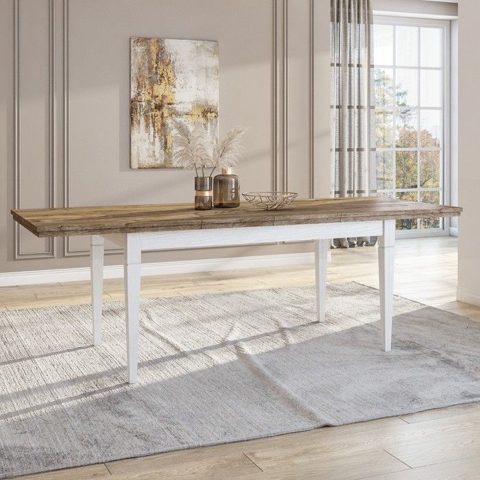 Table extensible jusqu'à 240cm pour salle à manger Collection ASSIA. Coloris frêne blanc et chêne