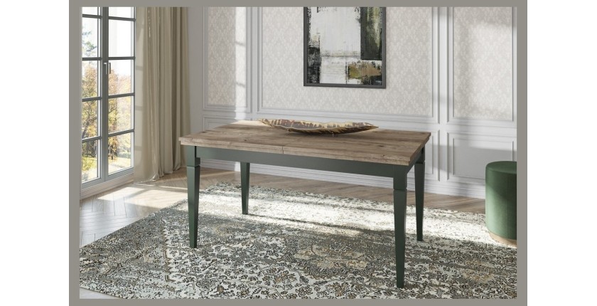 Table extensible jusqu'à 240cm pour salle à manger Collection ASSIA. Coloris vert et chêne