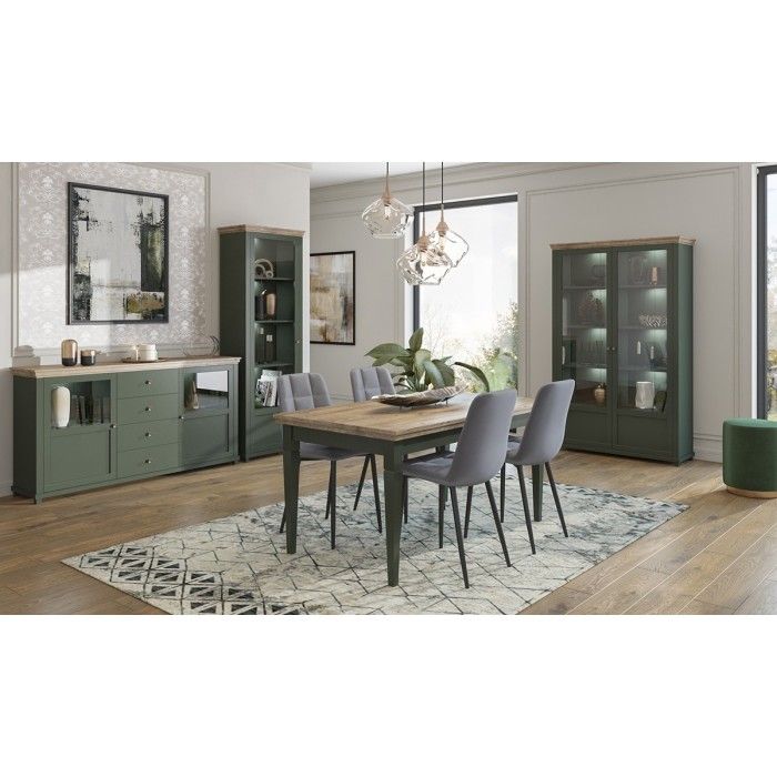 Table extensible jusqu'à 240cm pour salle à manger Collection ASSIA. Coloris vert et chêne