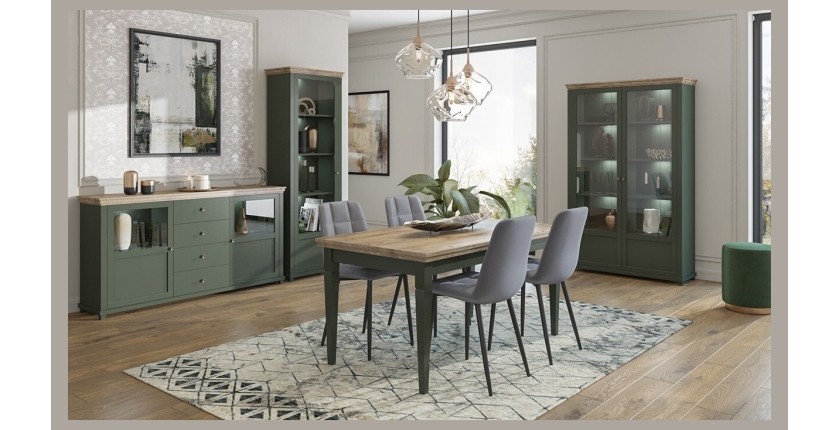 Table extensible jusqu'à 240cm pour salle à manger Collection ASSIA. Coloris vert et chêne