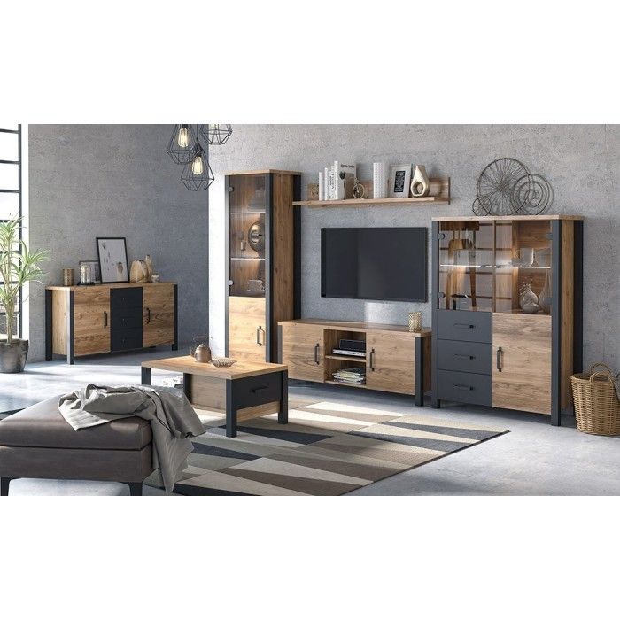 Buffet 150cm collection DARWIN. Couleur épicéa et noir. 2 portes et 3 tiroirs