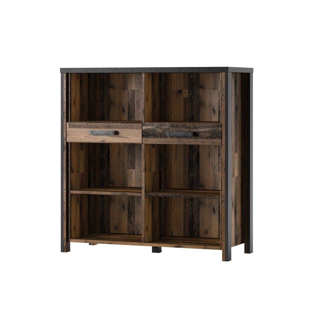Bahut 110cm avec 2 tiroirs collection WINDSOR. Coloris gris anthracite et chêne foncé.