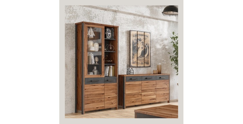 Buffet 140cm collection WINDSOR . Coloris chêne foncé et gris anthracite.