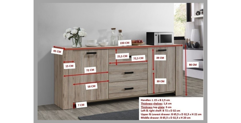 Buffet collection VERMONT, 2 portes et 3 tiroirs. Effet bois.