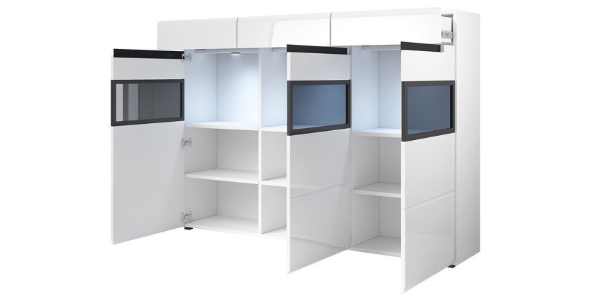 Buffet XL design avec éclairage LED 180x130. Collection LUCIA. Coloris gris brillant