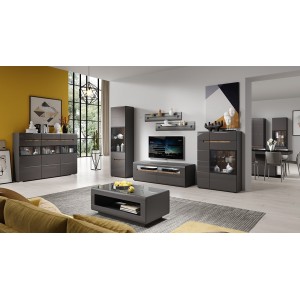 Buffet XL design avec éclairage LED 180x130. Collection LUCIA. Coloris gris brillant