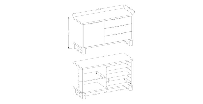 Buffet design 140cm. Collection MILO une porte et trois tiroirs. Coloris chêne.