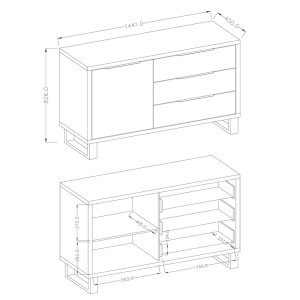 Buffet design 140cm. Collection MILO une porte et trois tiroirs. Coloris chêne.