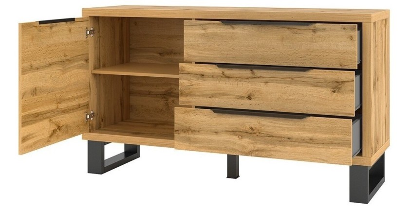 Buffet design 140cm. Collection MILO une porte et trois tiroirs. Coloris chêne.