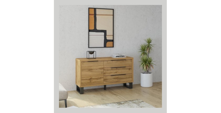 Buffet design 140cm. Collection MILO une porte et trois tiroirs. Coloris chêne.