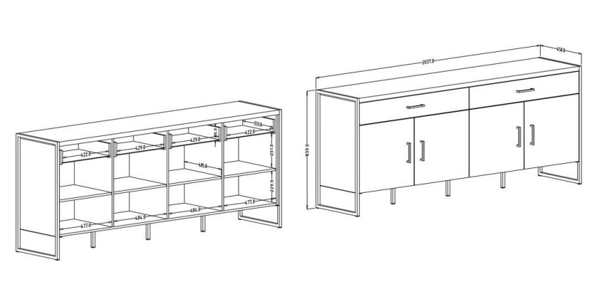 Buffet 200cm style industriel collection ANAFI . Coloris épicéa et noir. 4 portes et 2 tiroirs.