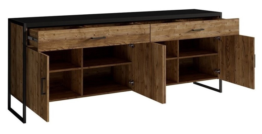 Buffet 200cm style industriel collection ANAFI . Coloris épicéa et noir. 4 portes et 2 tiroirs.