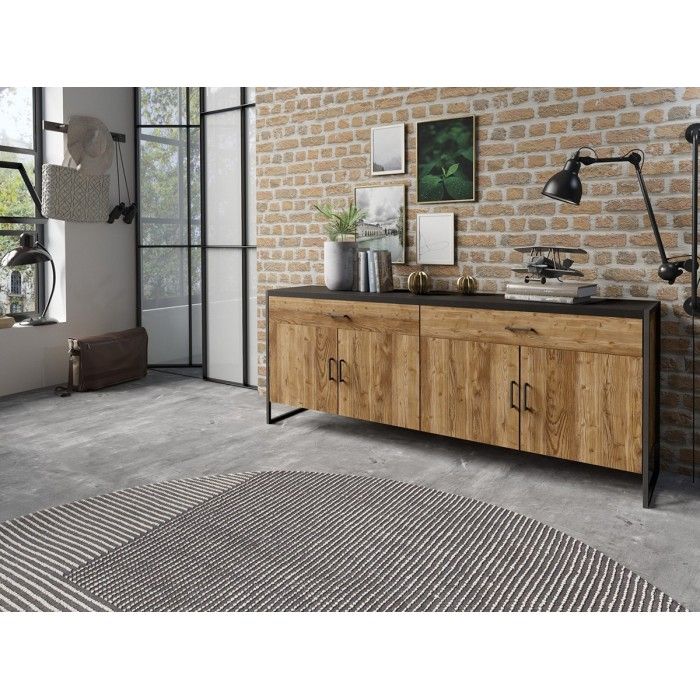 Buffet 200cm style industriel collection ANAFI . Coloris épicéa et noir. 4 portes et 2 tiroirs.