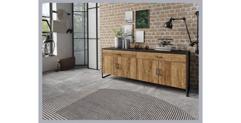 Buffet 200cm style industriel collection ANAFI . Coloris épicéa et noir. 4 portes et 2 tiroirs.