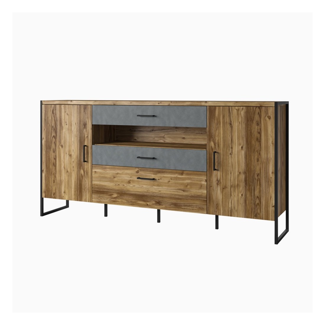 Buffet 200cm style industriel collection ZOLA. Coloris épicéa et gris. 3 portes et 2 tiroirs.