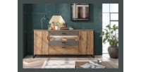 Buffet 200cm style industriel collection ZOLA. Coloris épicéa et gris. 3 portes et 2 tiroirs.