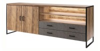 Buffet 200cm style industriel collection ZOLA. Coloris épicéa et gris. 2 portes et 2 tiroirs.