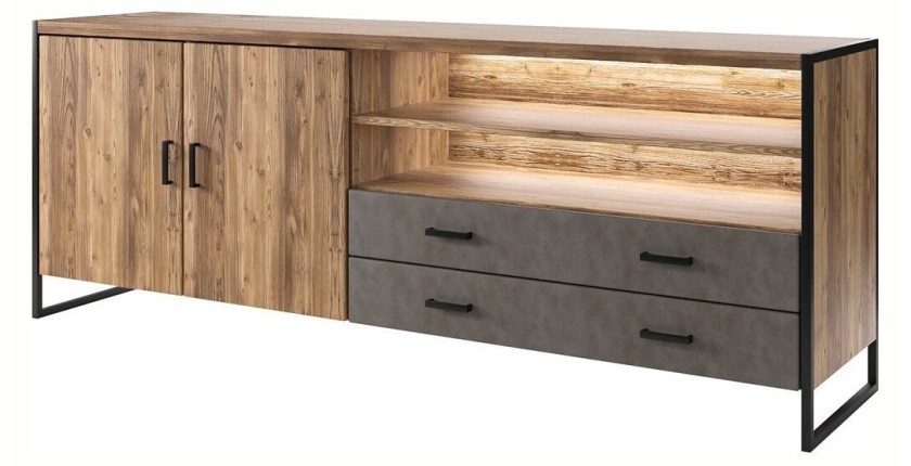 Buffet 200cm style industriel collection ZOLA. Coloris épicéa et gris. 2 portes et 2 tiroirs.