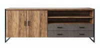 Buffet 200cm style industriel collection ZOLA. Coloris épicéa et gris. 2 portes et 2 tiroirs.