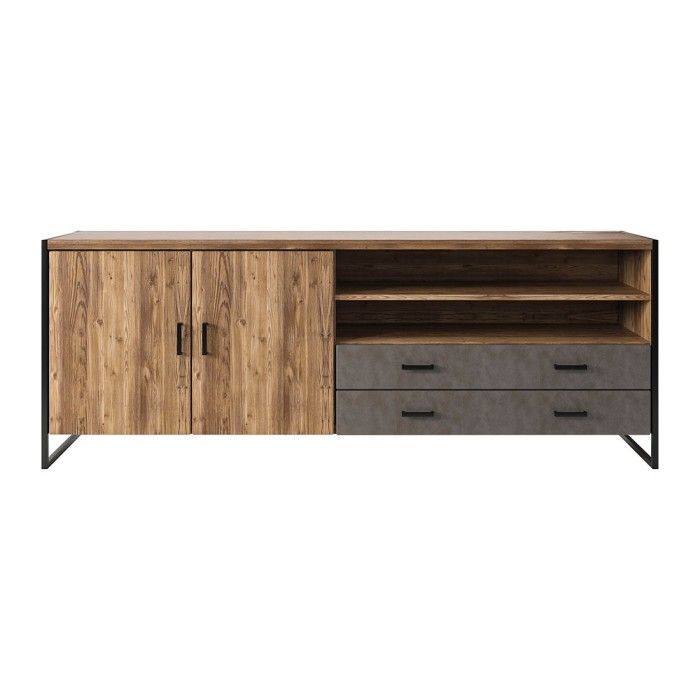 Buffet 200cm style industriel collection ZOLA. Coloris épicéa et gris. 2 portes et 2 tiroirs.
