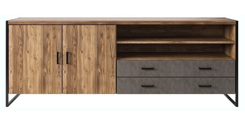 Buffet 200cm style industriel collection ZOLA. Coloris épicéa et gris. 2 portes et 2 tiroirs.
