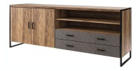 Buffet 200cm style industriel collection ZOLA. Coloris épicéa et gris. 2 portes et 2 tiroirs.