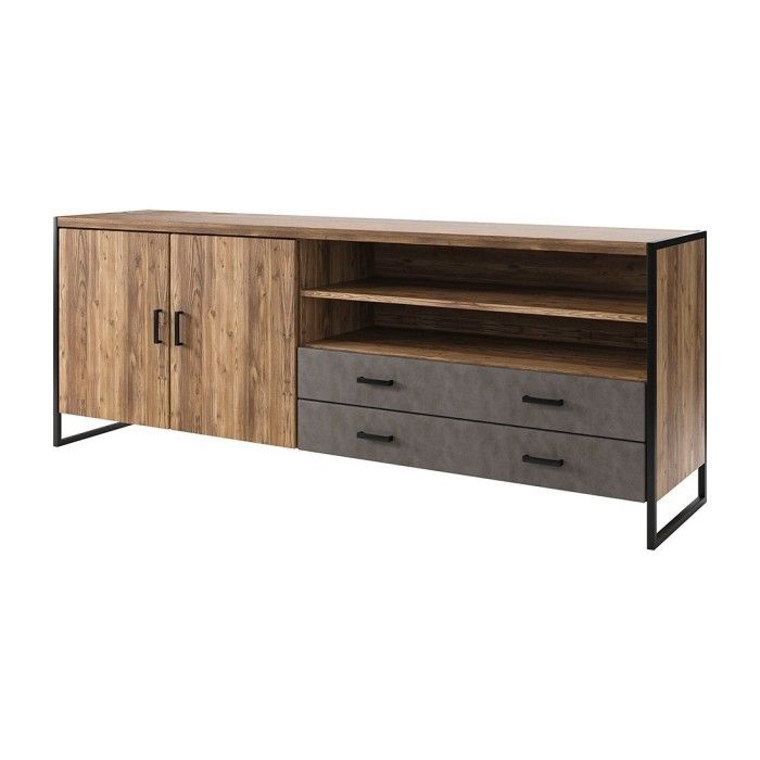 Buffet 200cm style industriel collection ZOLA. Coloris épicéa et gris. 2 portes et 2 tiroirs.