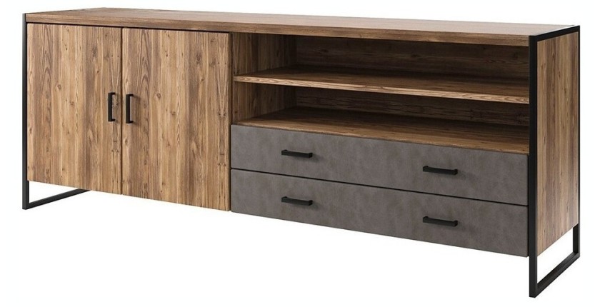 Buffet 200cm style industriel collection ZOLA. Coloris épicéa et gris. 2 portes et 2 tiroirs.