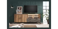 Buffet 200cm style industriel collection ZOLA. Coloris épicéa et gris. 2 portes et 2 tiroirs.