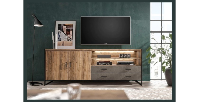 Buffet 200cm style industriel collection ZOLA. Coloris épicéa et gris. 2 portes et 2 tiroirs.