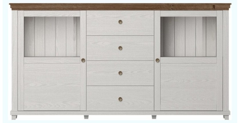 Buffet 180cm avec LED intégrées collection ASSIA. Coloris frêne blanc et chêne. 2 portes et 4 tiroirs.