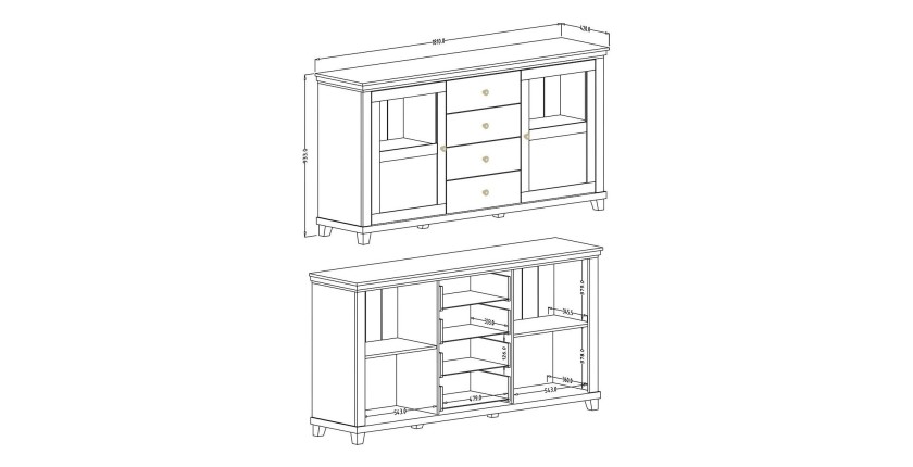 Buffet 180cm avec LED intégrées collection ASSIA. Coloris frêne blanc et chêne. 2 portes et 4 tiroirs.