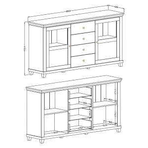 Buffet 180cm avec LED intégrées collection ASSIA. Coloris frêne blanc et chêne. 2 portes et 4 tiroirs.