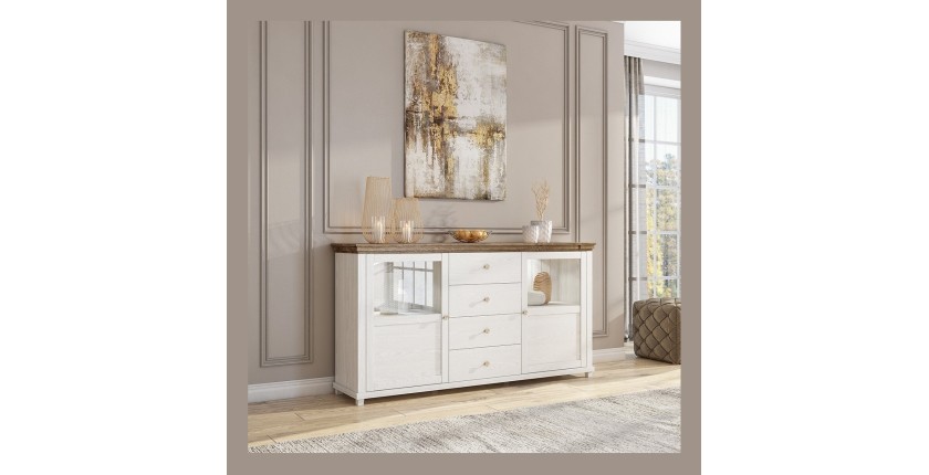 Buffet 180cm avec LED intégrées collection ASSIA. Coloris frêne blanc et chêne. 2 portes et 4 tiroirs.
