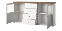 Buffet 180cm avec LED intégrées collection ASSIA. Coloris frêne blanc et chêne. 2 portes et 4 tiroirs.