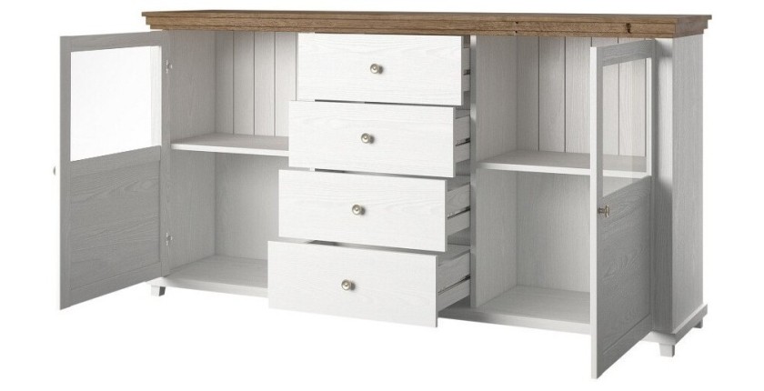 Buffet 180cm avec LED intégrées collection ASSIA. Coloris frêne blanc et chêne. 2 portes et 4 tiroirs.